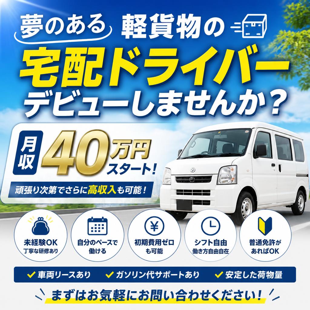 月収40万円スタート！夢のある軽貨物の宅配ドライバーデビューしませんか？