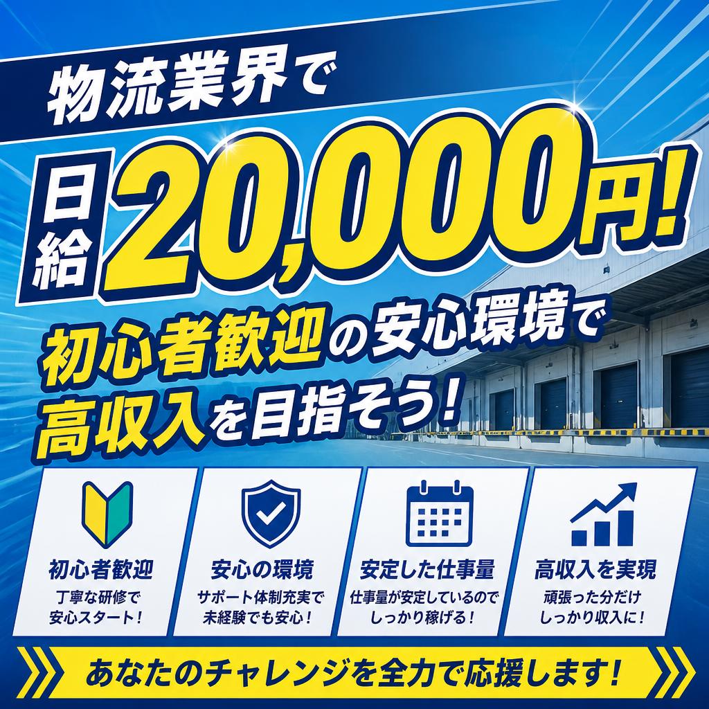 物流業界で日給20,000円！初心者歓迎の安心環境で高収入を目指そう！