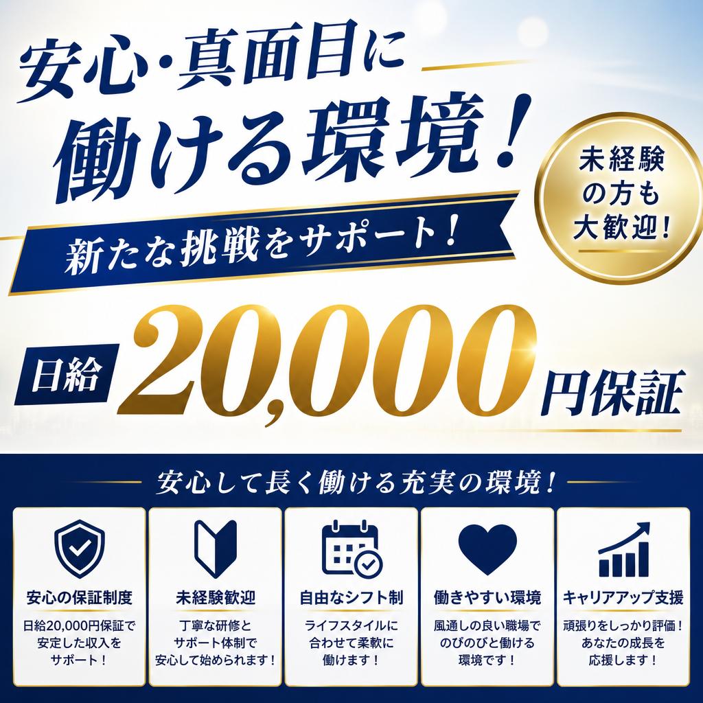 安心・真面目に働ける環境！日給20,000円保証で新たな挑戦をサポート！