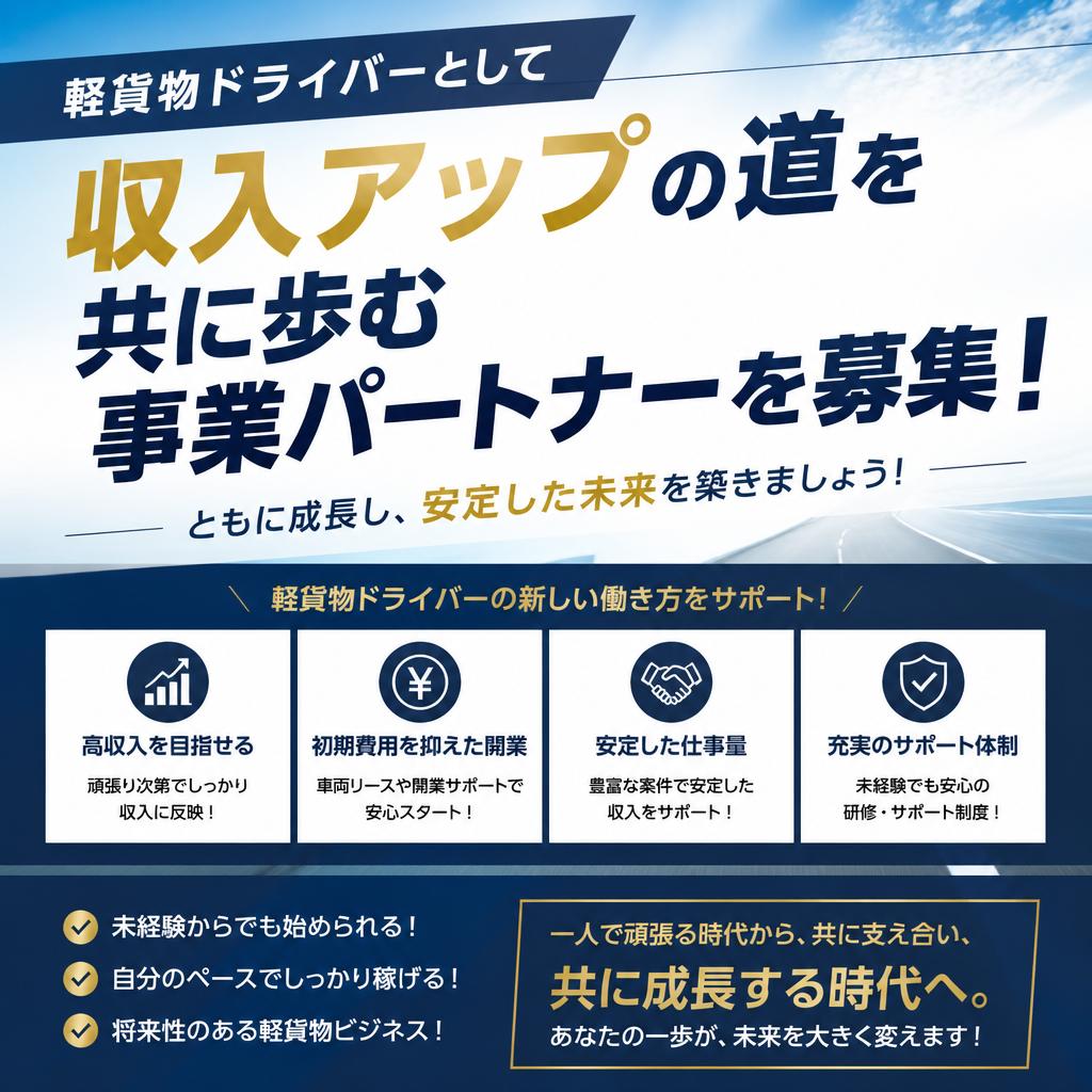 軽貨物ドライバーとして収入アップの道を共に歩む事業パートナーを募集！