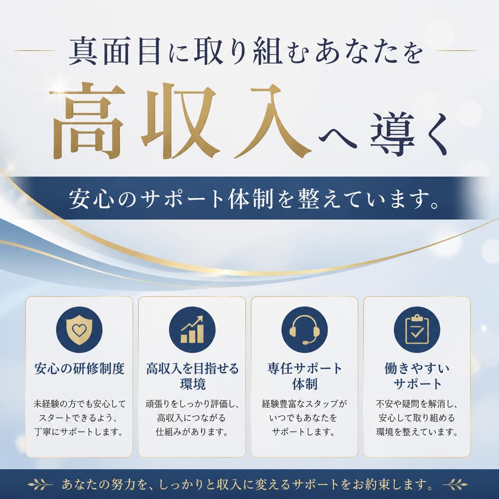 真面目に取り組むあなたを高収入へ導く、安心のサポート体制を整えています。