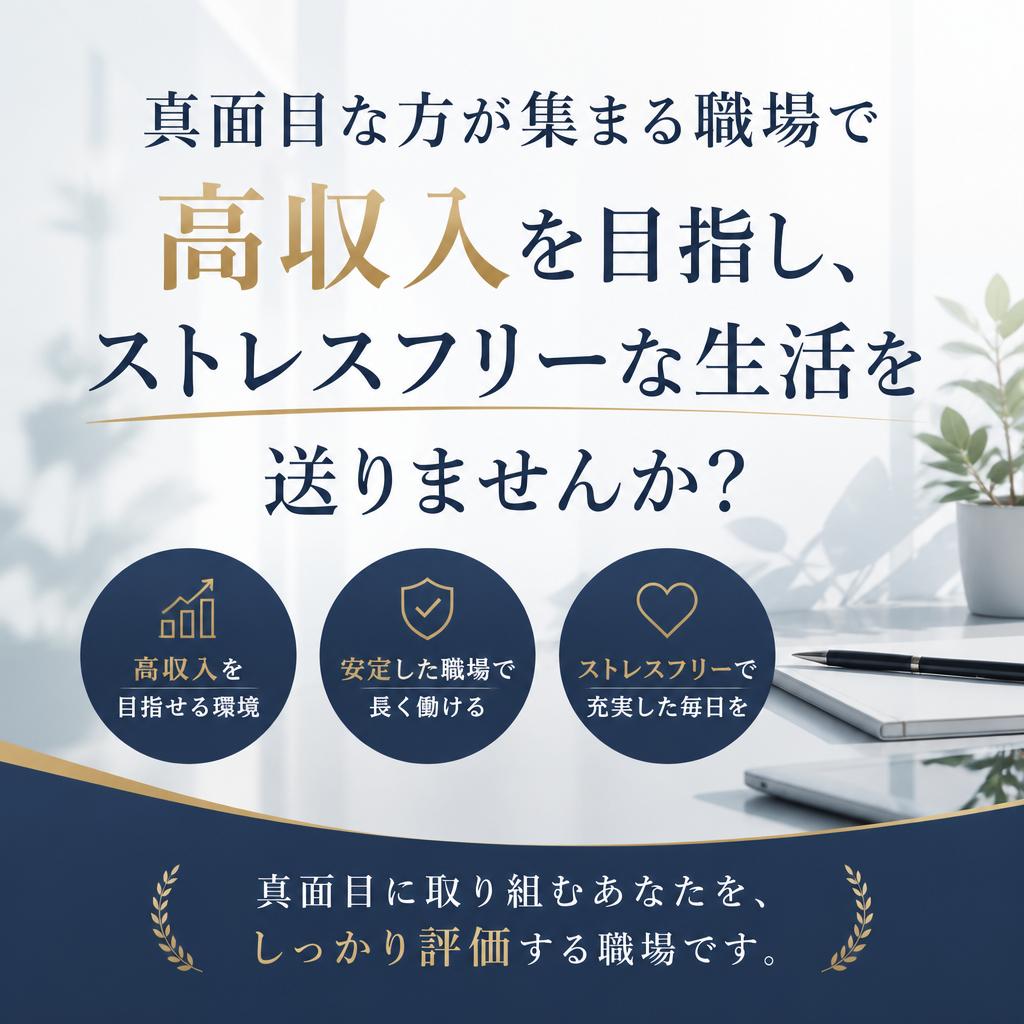 真面目な方が集まる職場で高収入を目指し、ストレスフリーな生活を送りませんか？